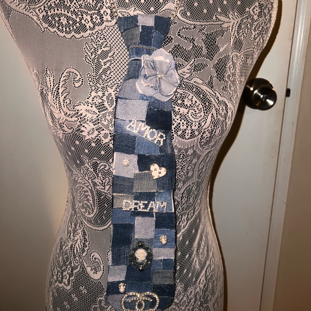 Hand Crafted Blue Patchwork Necktie Necklace With… - image 1